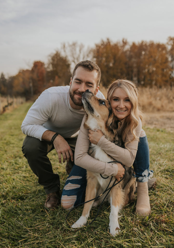 Fall field engagement photoshoot with a dog
