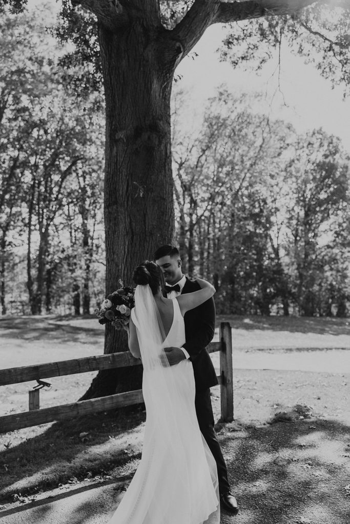 Bride and grooms first look photos before Columbia Station, OH fall wedding